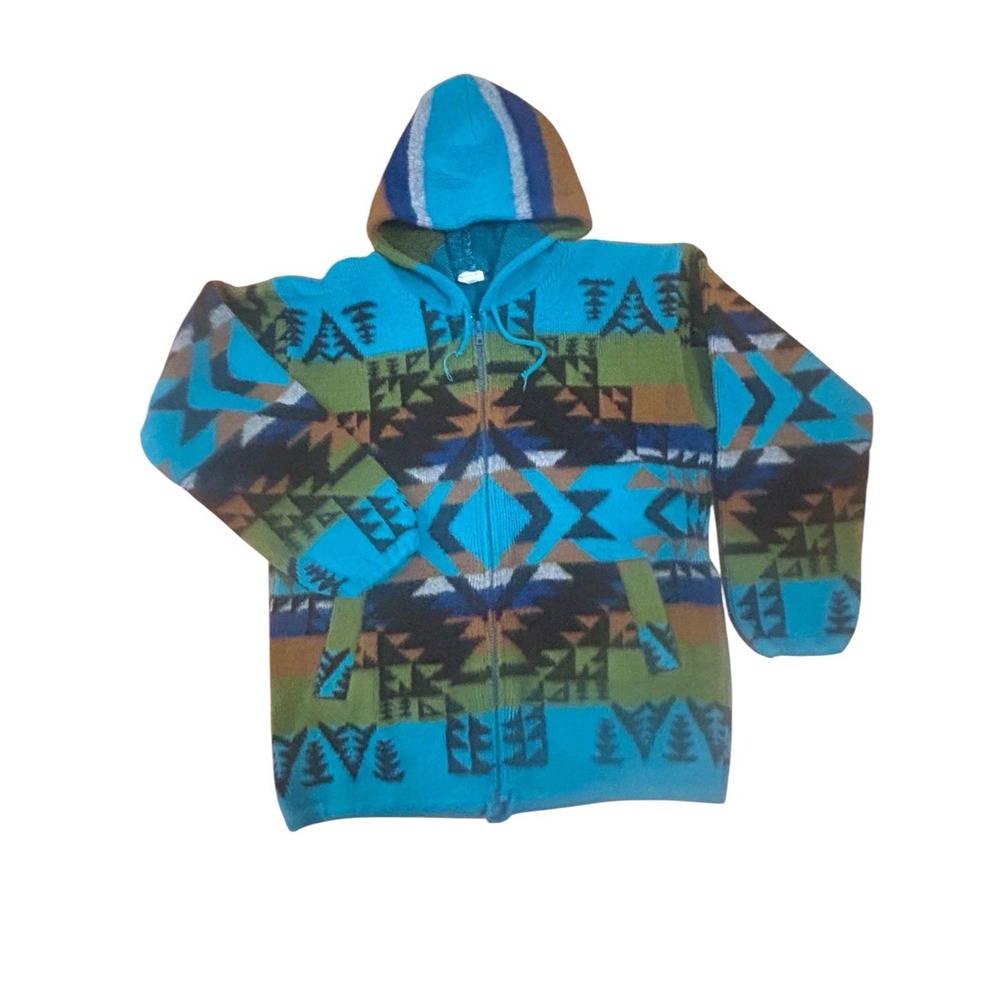 Vintage Artesanias Tuntaquimba Full Zip Hooded Sweater Aztec Geometric Knit Med